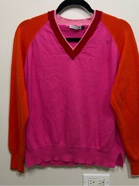 Pink and Orange V-Neck Raglan Sweater Cotton Cashmere Spring Careerwear Work